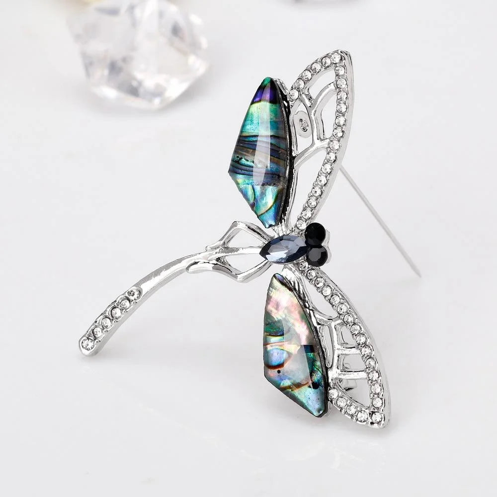 Vintage Dragonfly Brooch With Rhinestone Zircon And Mother Of Pearl Wings, Elegant Women's Lapel Pin Gift