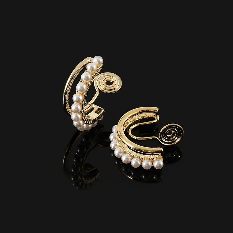 Elegant Korean C-Shaped Pearl Rhinestone Alloy Hoop Stud & Clip On No Piercing Jewelry Earrings