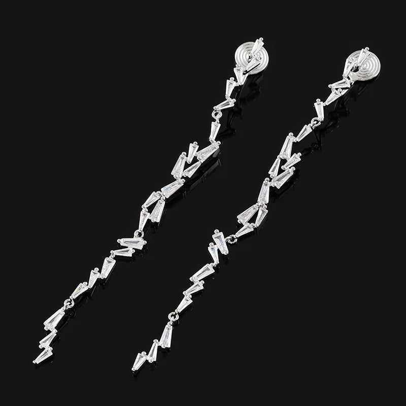 Elegant Trapezoid Crystal Rhinestone Tassel Long Drop Stud & Clip On No Piercing Wedding Earrings