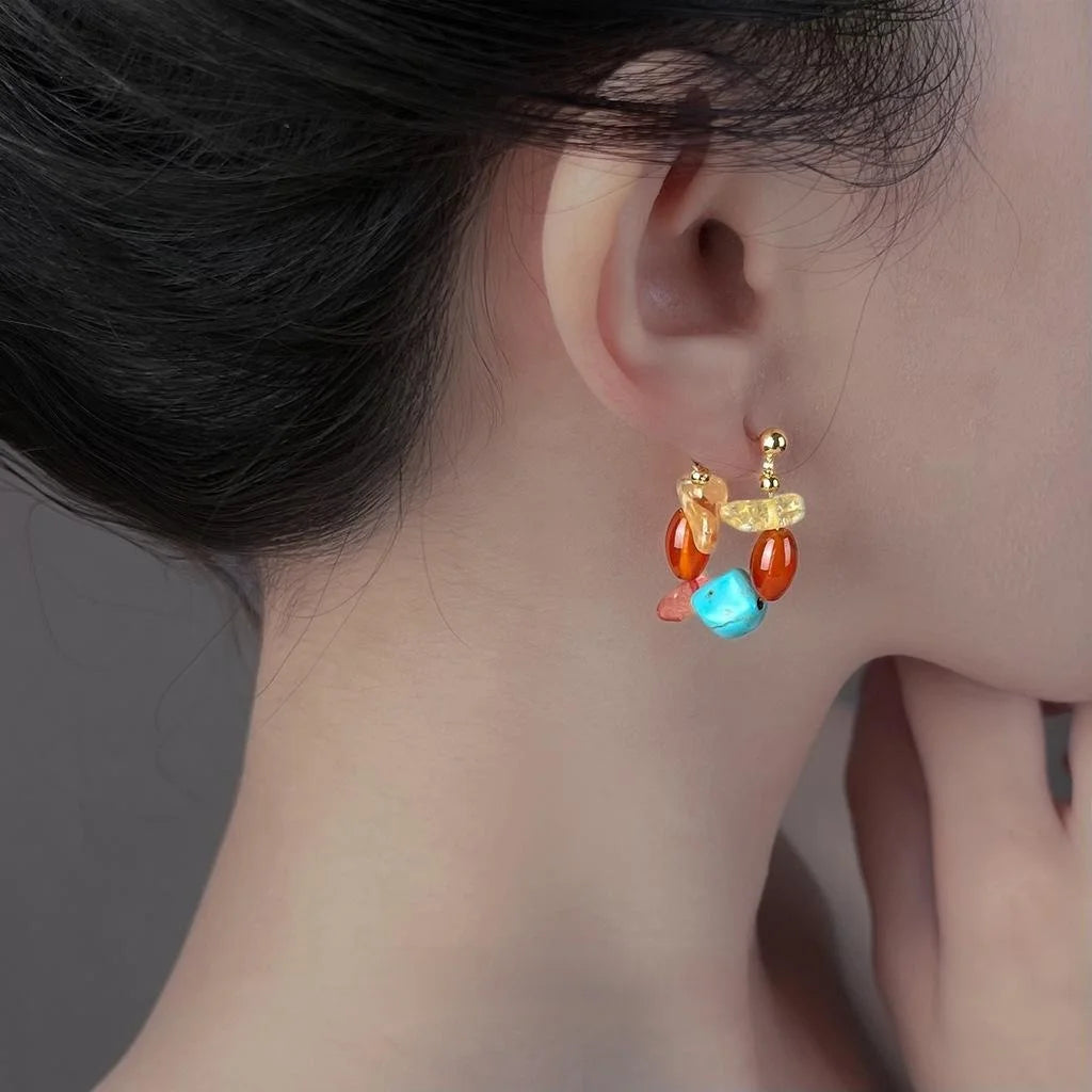 Handmade Chinese Style Irregular Geometric Red Agate Citrine Turquoise Copper Drop Earrings