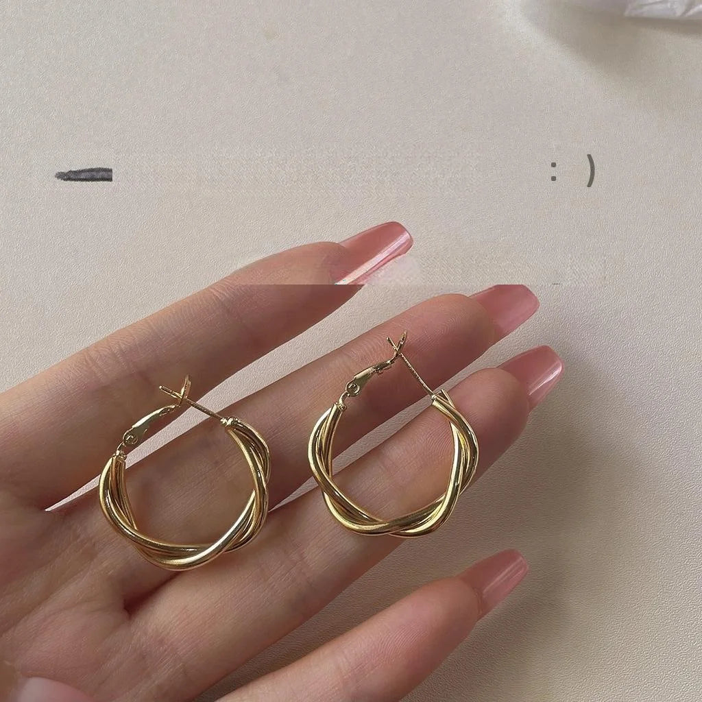 French Style Irregular Twisted Copper Hoop Earrings Gold Plated Niche Statement Jewelry
