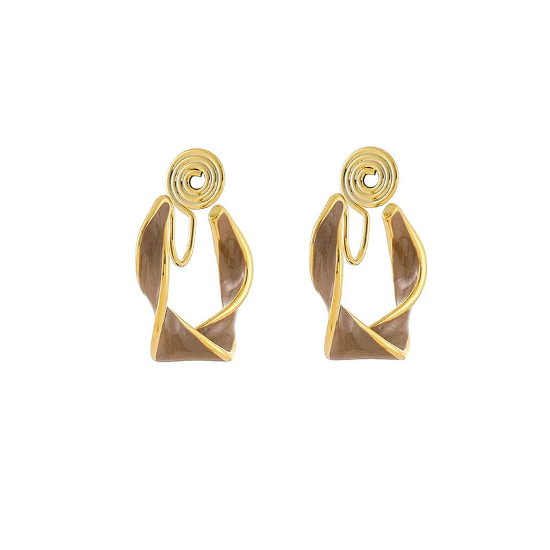 Vintage Brown Enamel Twisted Hoop Alloy Stud & Clip On No Piercing French Elegant Statement Earrings
