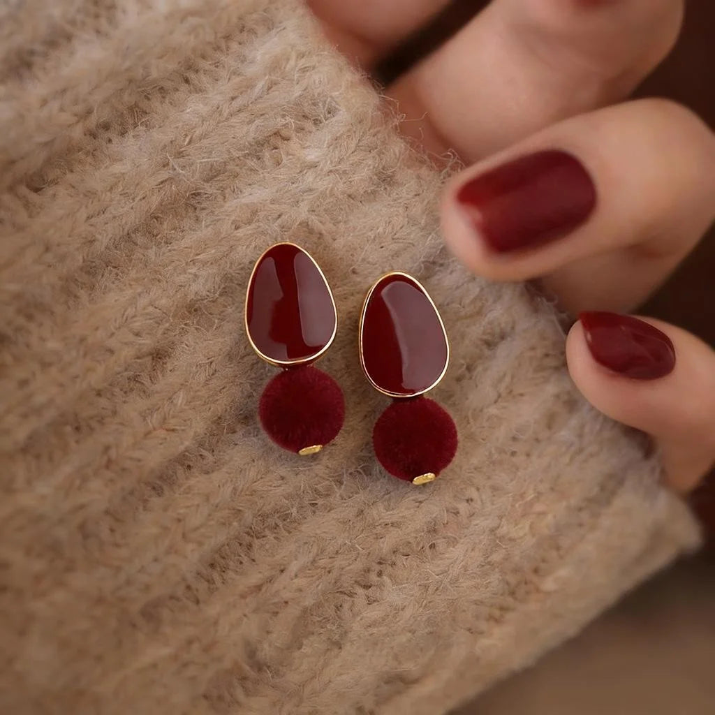 Retro Hong Kong Style Burgundy Flocked Pom Ball Drop Earrings With Drip Enamel