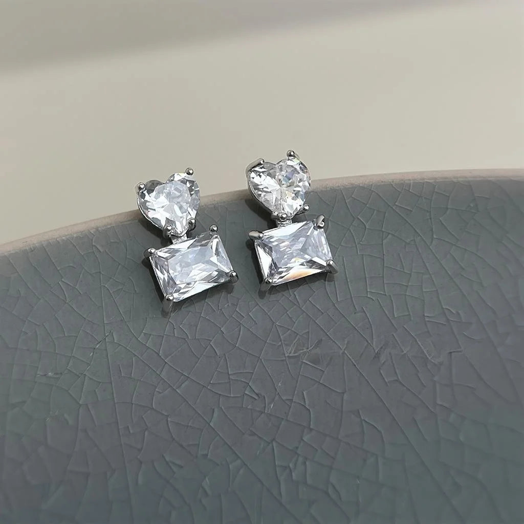 Luxury Copper Zircon Heart Geometric Square Stud Earrings Minimalist Commuter Jewelry