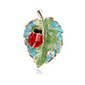 Cute Enamel Ladybug On Green Leaf Brooch With Rhinestone Accent, Elegant Lapel Pin Corsage Gift