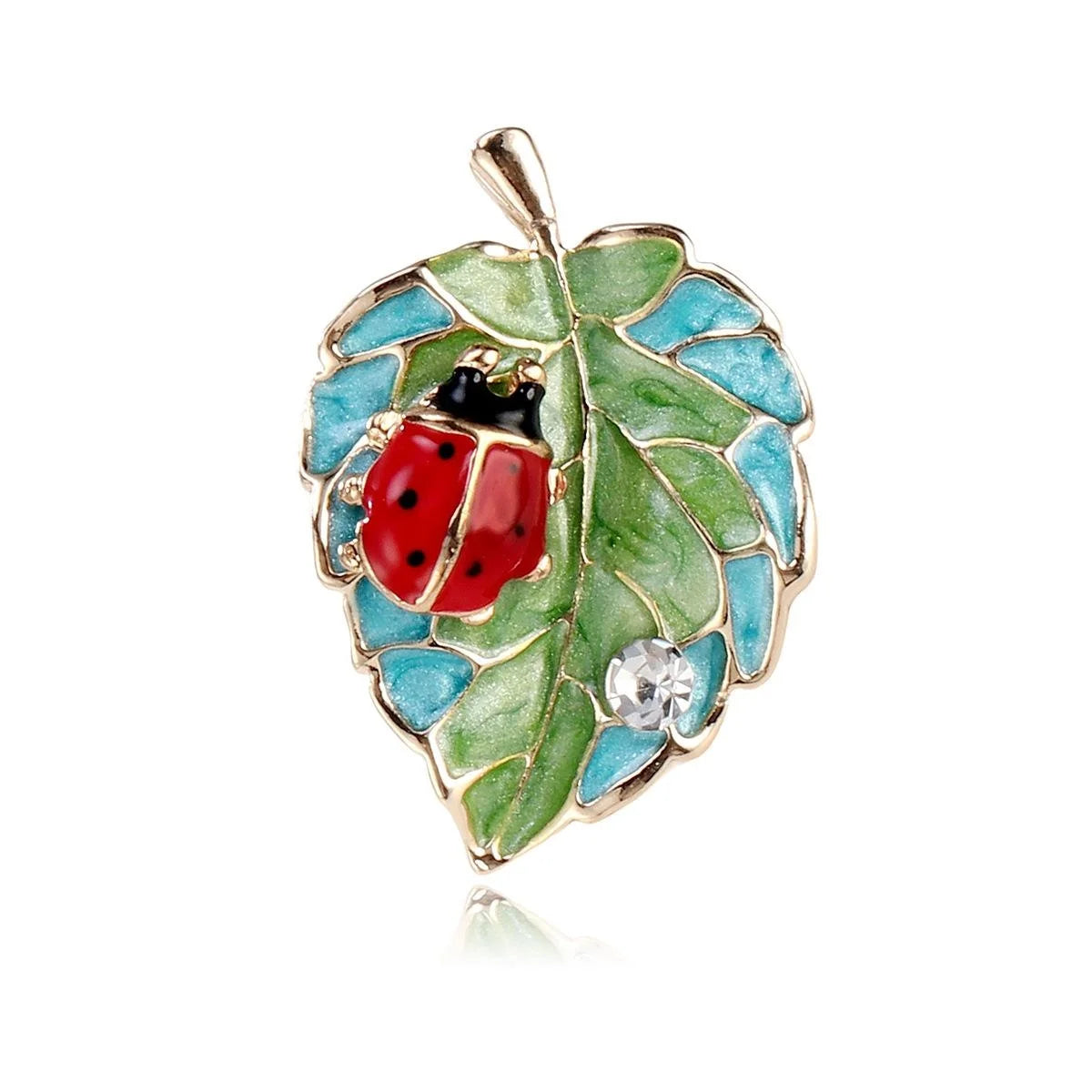 Cute Enamel Ladybug On Green Leaf Brooch With Rhinestone Accent, Elegant Lapel Pin Corsage Gift