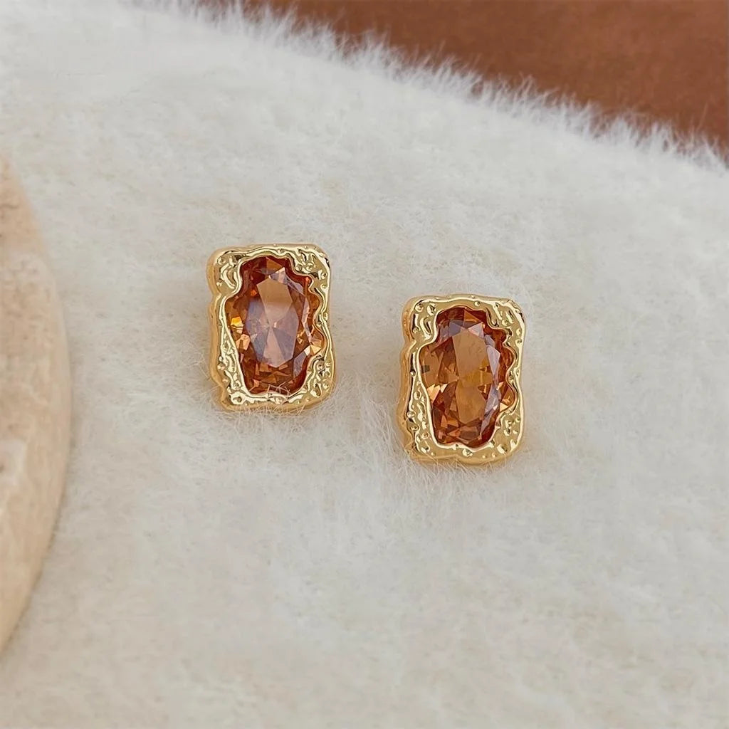 Luxury Light Coffee Champagne Liquid Geometric Rectangle Zircon Copper Stud Earrings