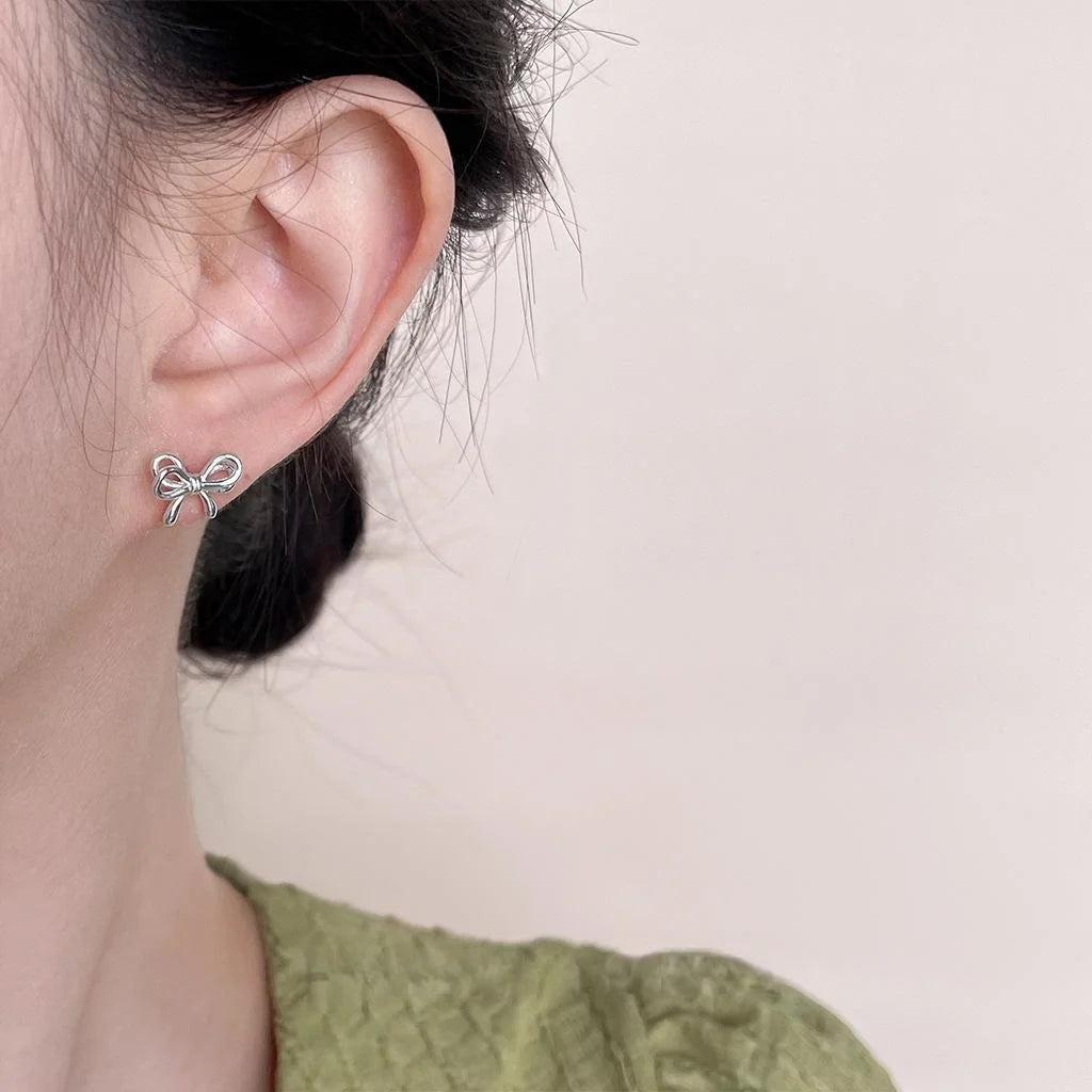 Mini 3D Bow Copper Stud Earrings For Women Cute Sweet Fashion Daily Jewelry