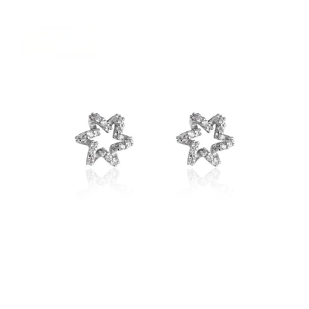 Premium 18K Gold Plated Copper Star Stud Earrings With Micro Pave Zircon Hollow Floral Design