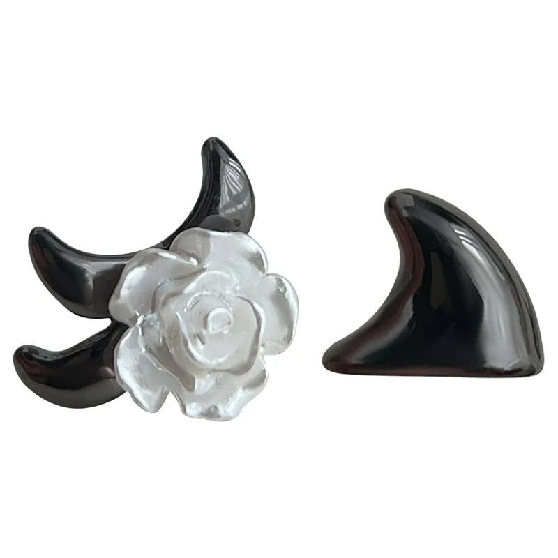 Designer Asymmetric Rose And Thorn Copper Resin Stud Earrings, Sweet Cool Floral Niche Jewelry