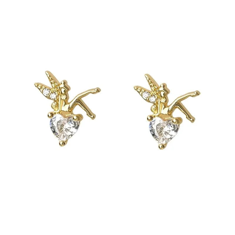 Tiny Flower Fairy Elf Zircon Copper Stud Earrings, Minimalist Fresh Designer Cartoon Jewelry
