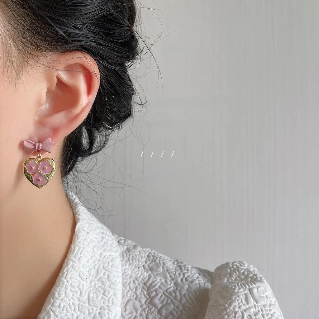Sweet Pink Flower Heart Bow Copper Stud Earrings For Women Princess Style Jewelry