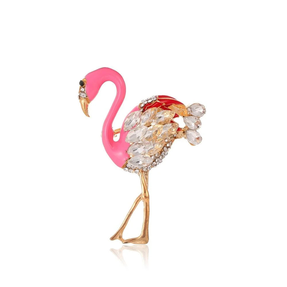 Elegant Pink Enamel Flamingo Brooch With Rhinestone Wings, Alloy Bird Lapel Pin Corsage Gift