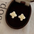 Premium 14K Gold Plated Copper Iris Flower Zircon Pearl Stud Earrings