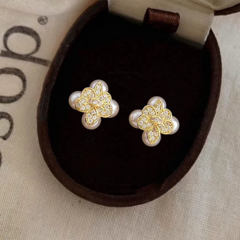 Premium 14K Gold Plated Copper Iris Flower Zircon Pearl Stud Earrings