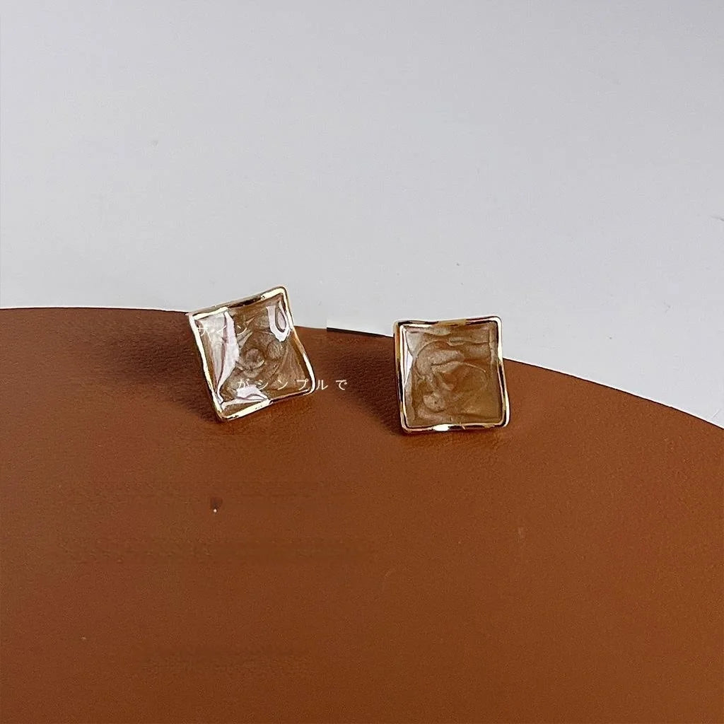 Caramel Coffee 14K Plated Copper Geometric Square Irregular Enamel Stud Earrings For Women