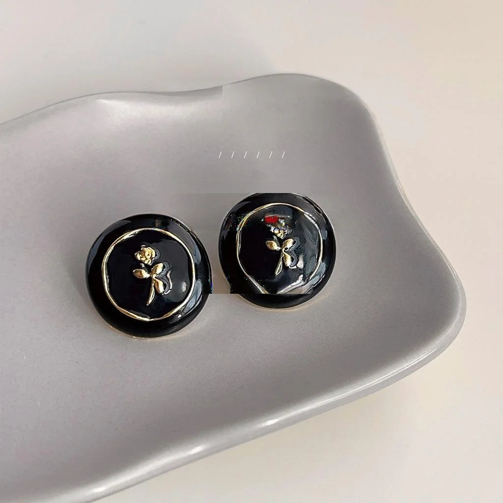 Vintage Black Gold Copper Round Stud Earrings With Enamel Rose Geometric French Style