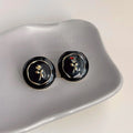 Vintage Black Gold Copper Round Stud Earrings With Enamel Rose Geometric French Style