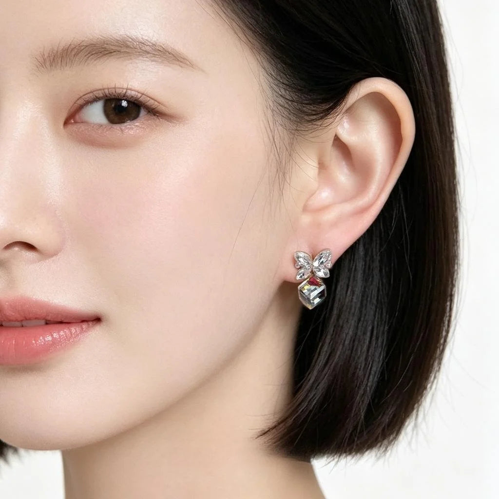 French Light Luxury Colorful 3D Glass Crystal Butterfly Stud Earrings Eco Copper Elegant Jewelry
