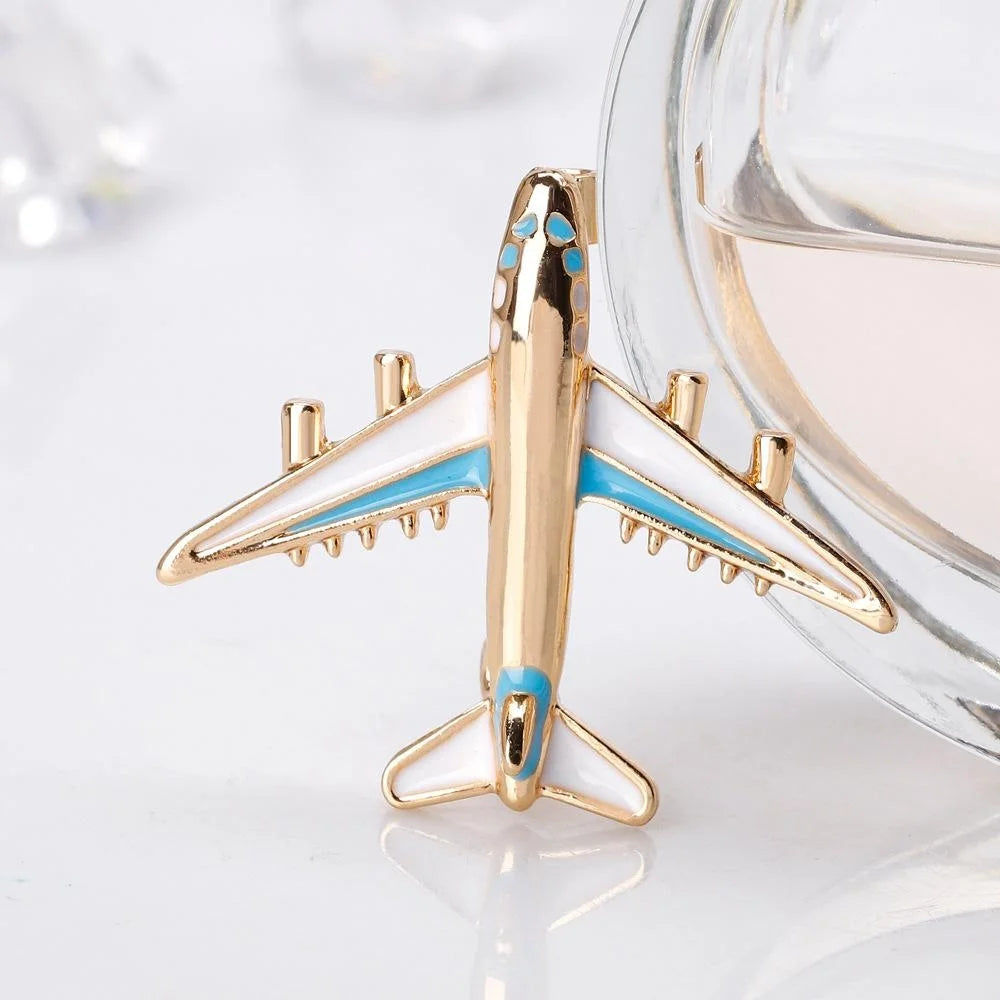 Luxury Airplane Alloy Enamel Brooch Gold Tone Plane Lapel Pin Corsage Suit Accessory Gift
