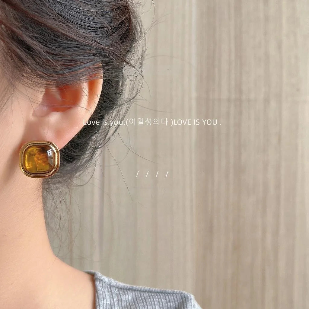 14K Gold Plated Square Geometric Stud Earrings French Vintage Metal Jewelry