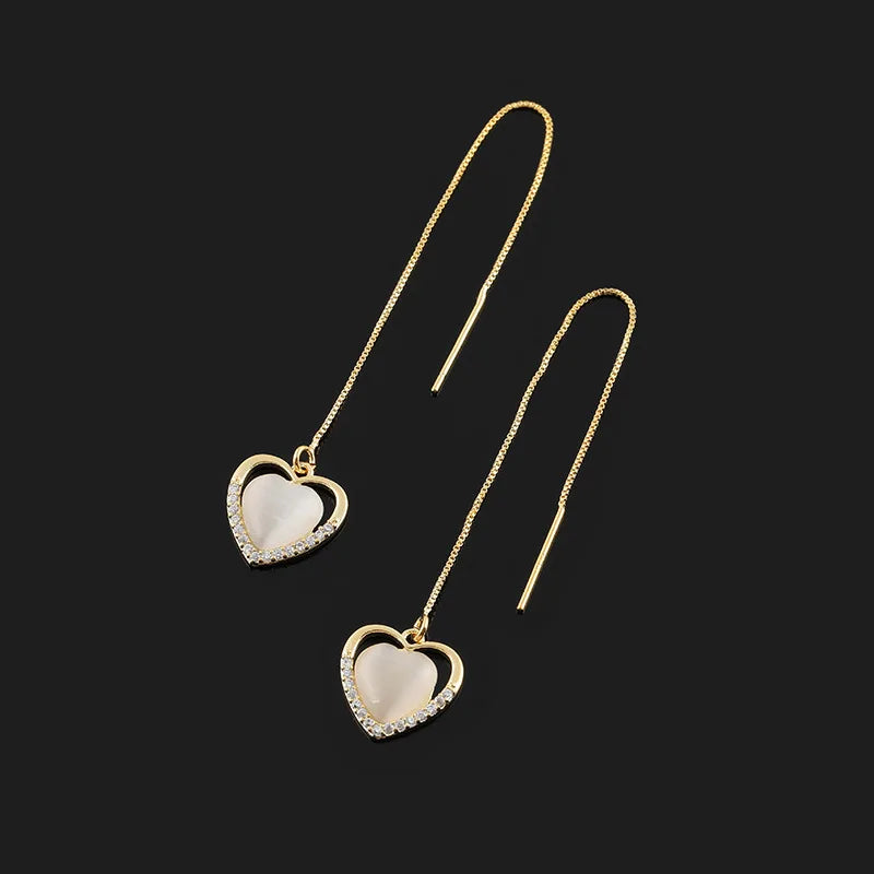 Elegant Heart Cat Eye Stone Tassel Threader Alloy Rhinestone Stud & Clip On No Piercing Earrings