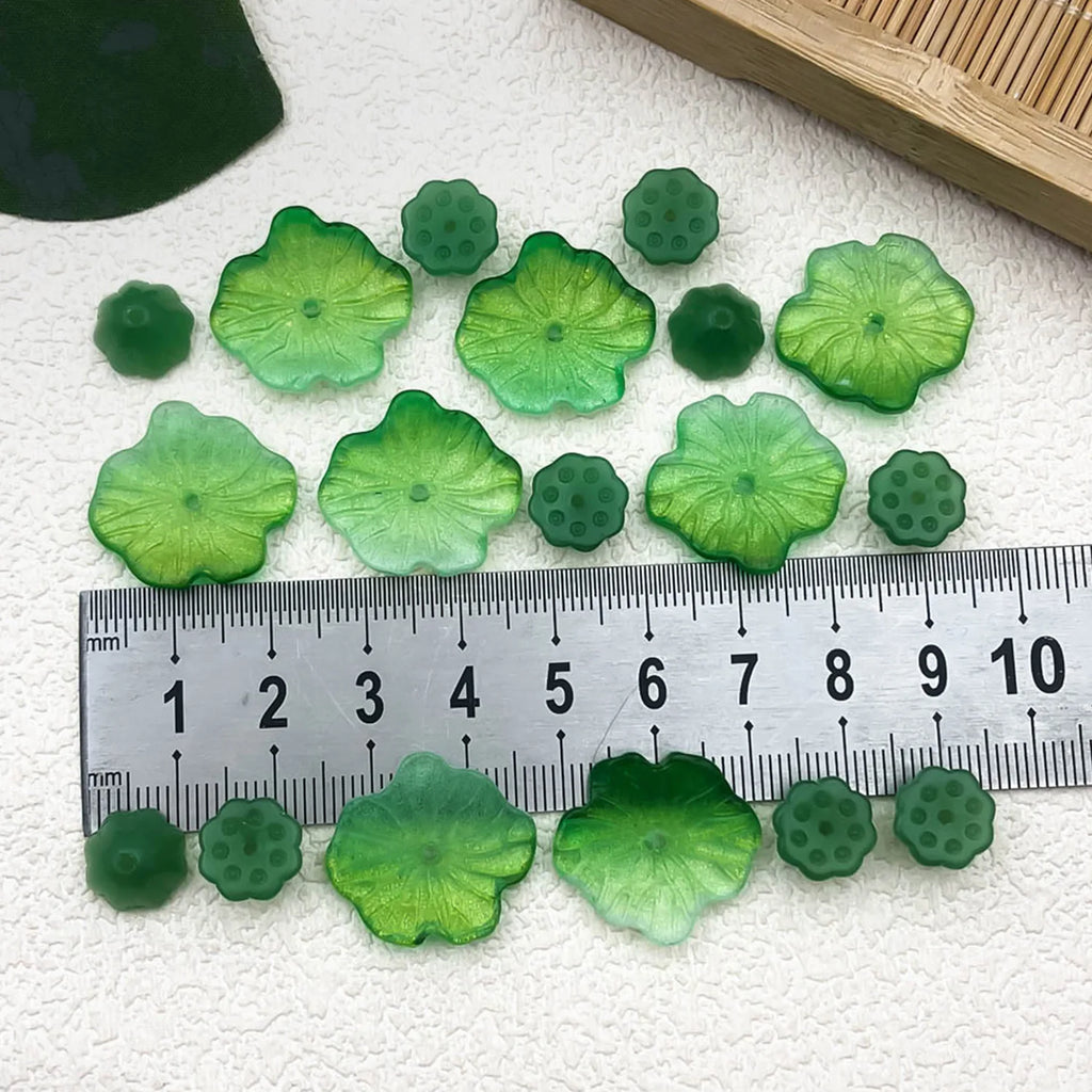 Glass 3D Lotus Leaf Lotus Seed Pierced Bead Charm Pendant for DIY Hair Stick Jewelry