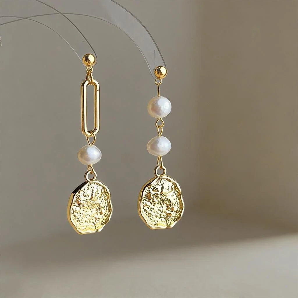 14K Gold Plated Freshwater Pearl Asymmetric Drop Earrings Handmade Geometric Vacation Style