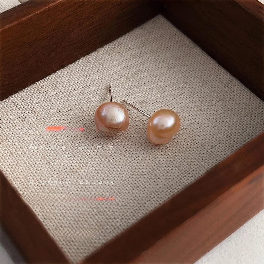 Light Luxury Baroque Pink Freshwater Pearl Stud Earrings, Irregular Geometric Single Pearl Design