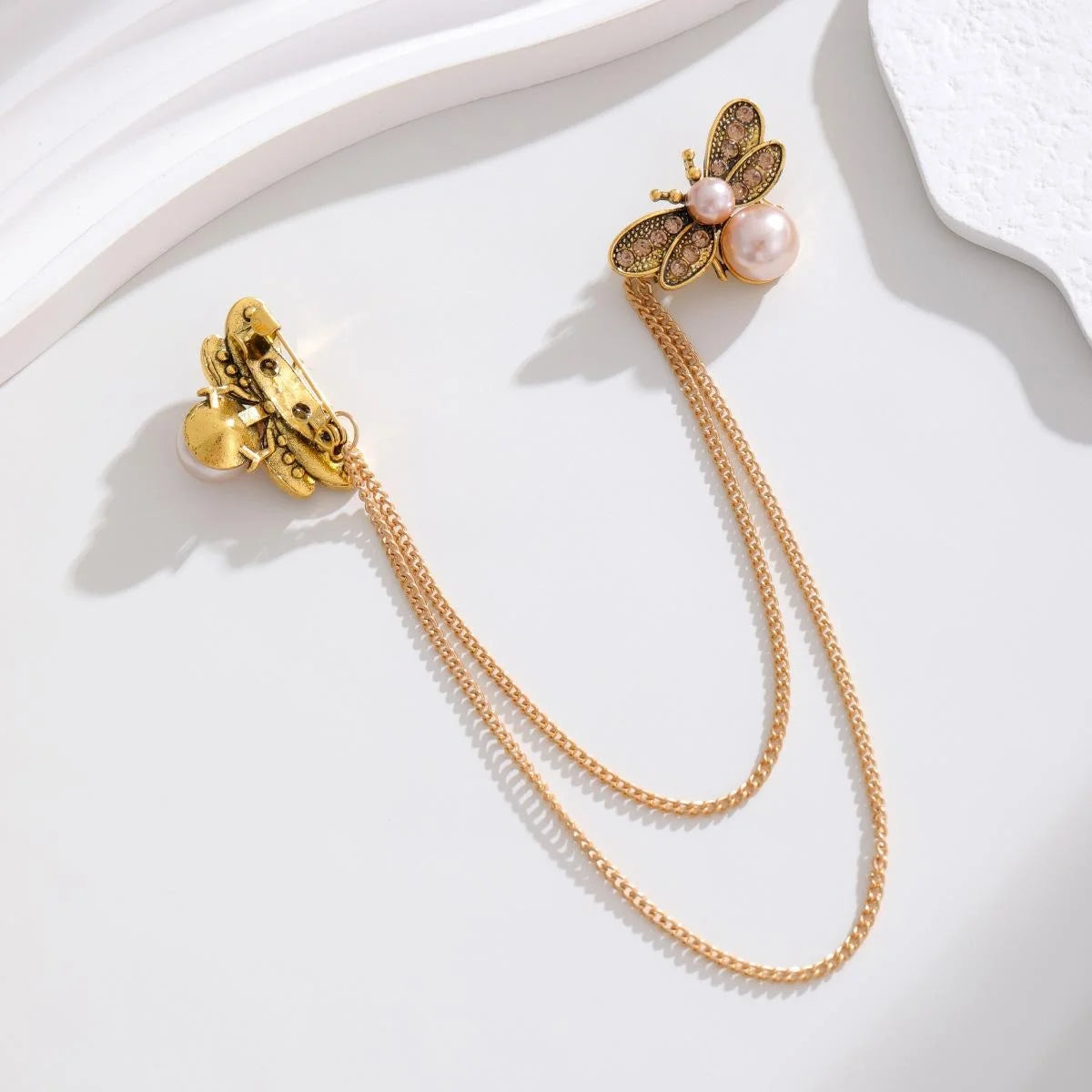 Elegant Rhinestone Pearl Bee Double Brooch With Draped Chain, Luxury Alloy Lapel Pin Corsage Suit Accessory Gift