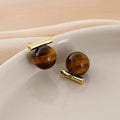 Elegant Tiger Eye Stone Round Ball Gold Alloy Bar Stud & Clip On No Piercing Commuter Earrings