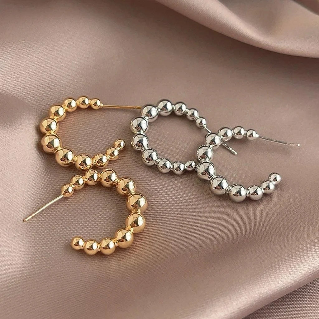 European Style Copper Geometric Hoop Drop Earrings With Gold Bead Ring Design