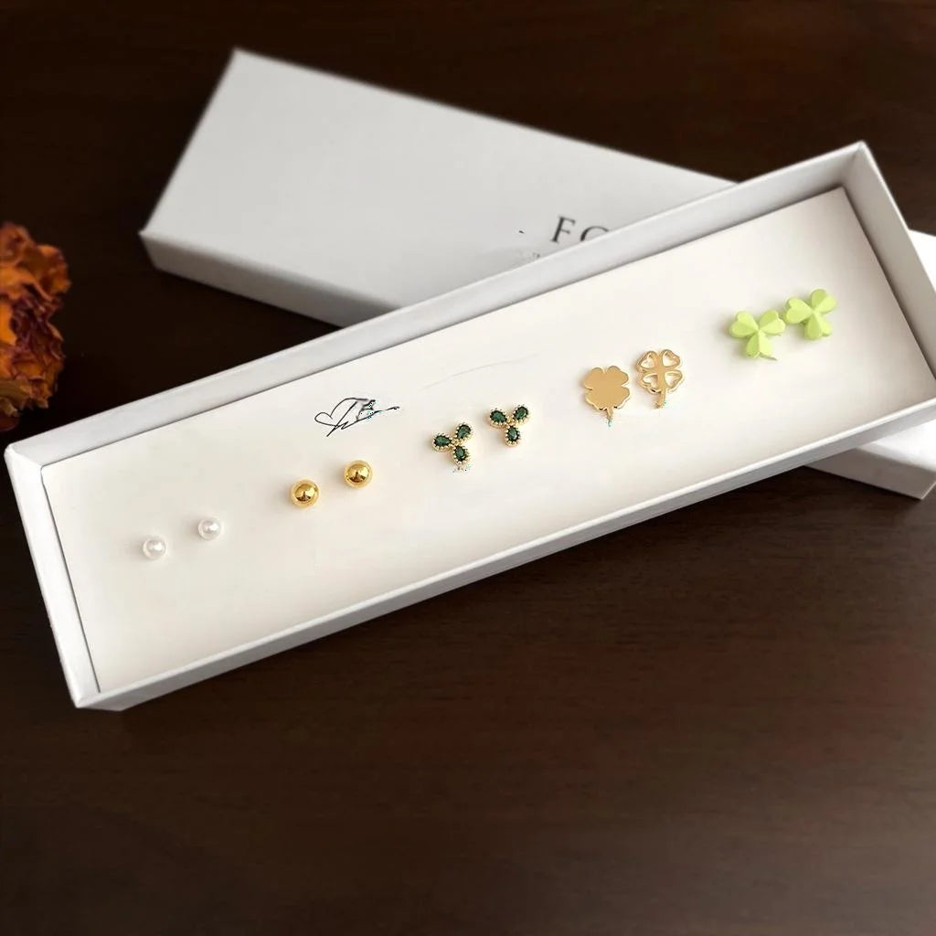 5 Piece Lucky Flower Zircon Stud Earrings Copper Floral Geometric Light Luxury Jewelry