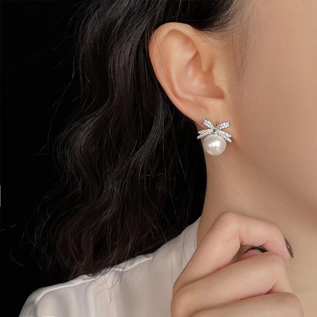 Micro Pave Zircon Bow Glass Pearl Stud Earrings Light Luxury Copper