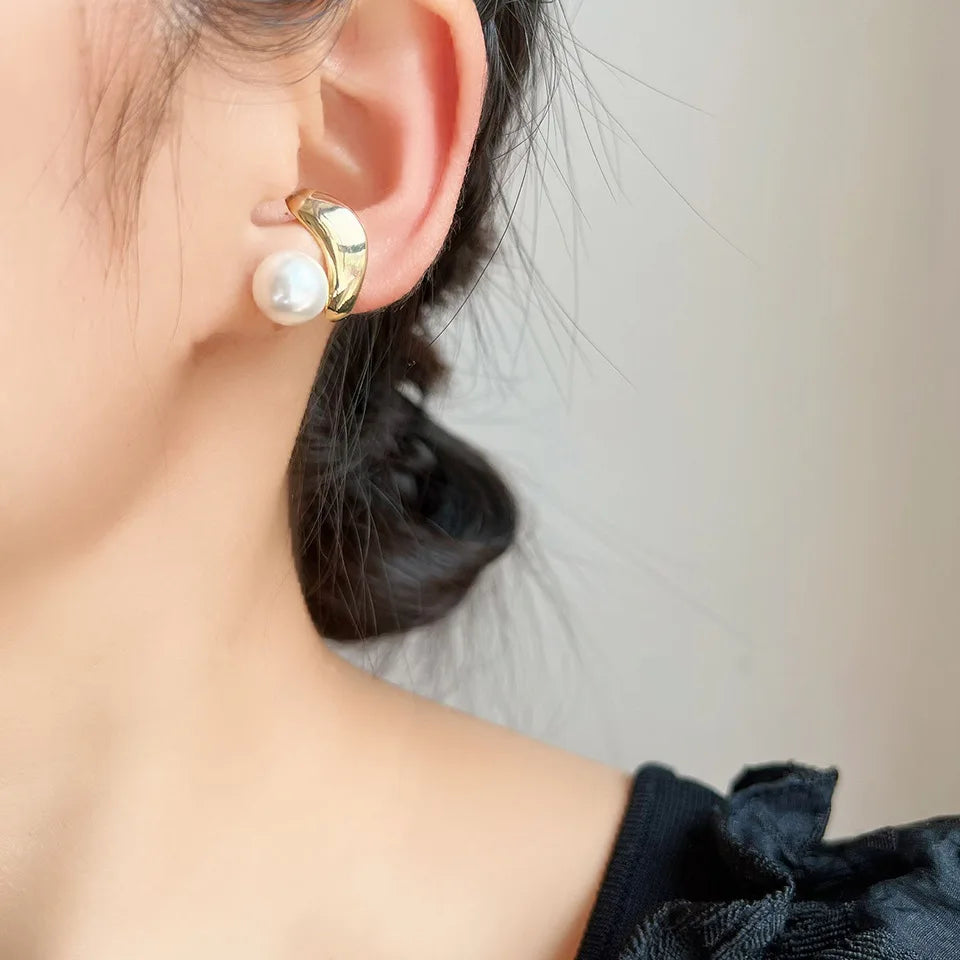 Elegant French Pearl Ear Cuff Stud & Clip On No Piercing Gold Alloy Ear Bone Wrap Earrings