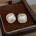 Vintage French Geometric Square Glass Cat Eye Stone Micro Pave Zircon Copper Stud Earrings
