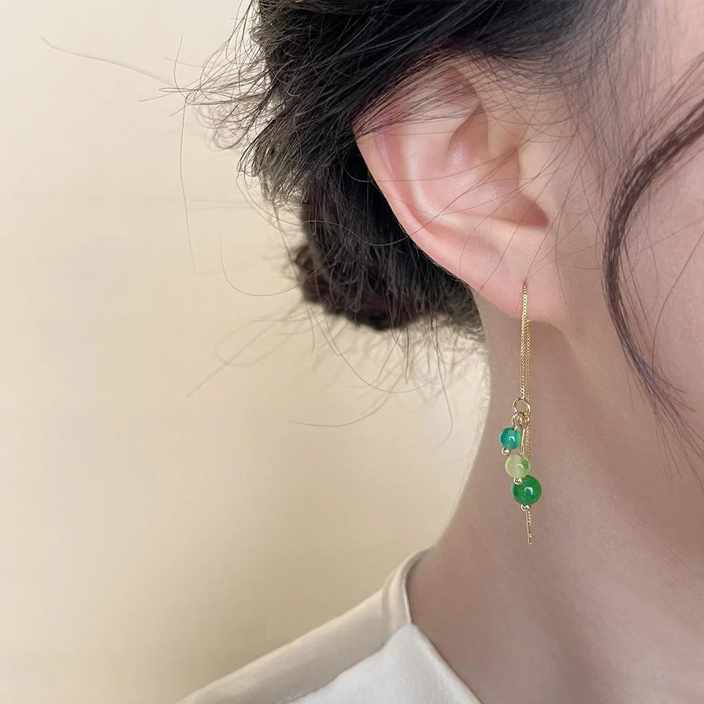 Handmade New Chinese Green Agate Tassel Drop Earrings With Copper