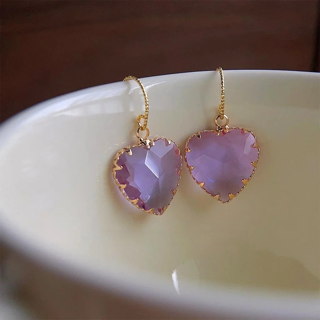 18K Plated Copper Glass Crystal Heart Drop Earrings Vintage Luxury Sparkly Women's Jewelry