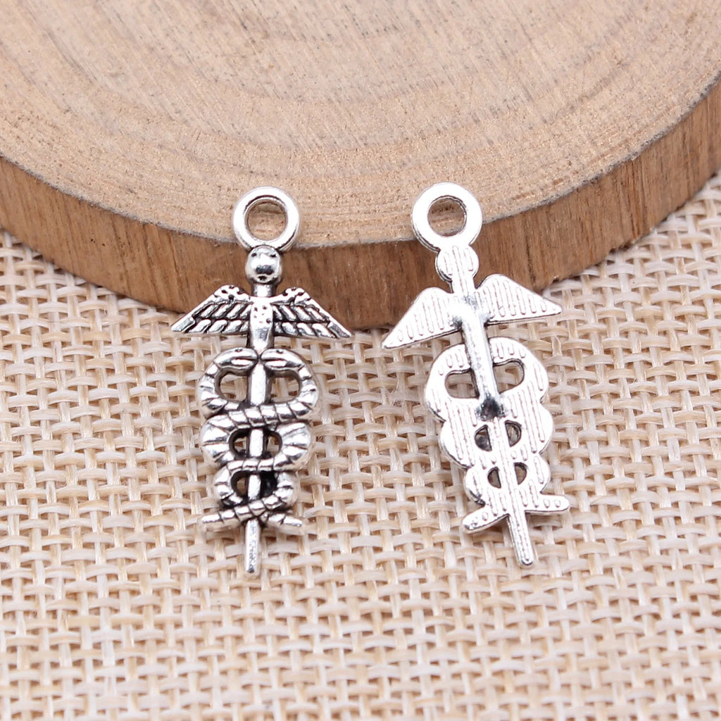 26x12mm 1.3g Antique Silver Zinc Alloy Caduceus Charm Pendant for DIY Medical Theme Jewelry