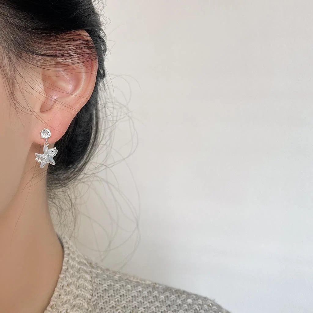 Asymmetric Enamel Seahorse Starfish Micro Pave Zircon Copper Drop Earrings