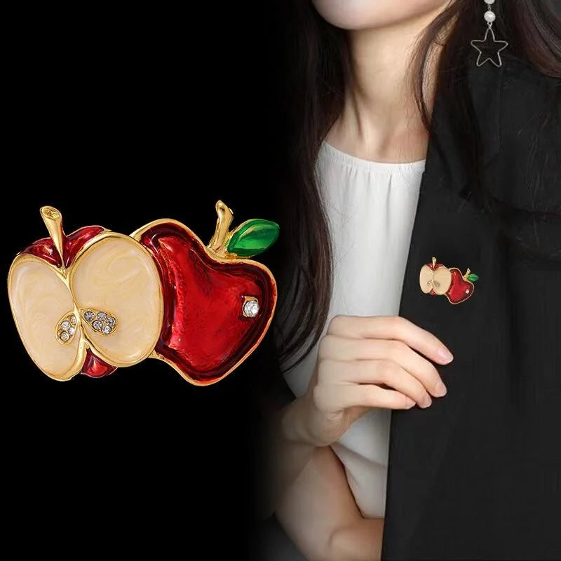 Cute Enamel Double Apple Brooch With Rhinestone Accents, Fashion Fruit Lapel Pin Cardigan Corsage Gift
