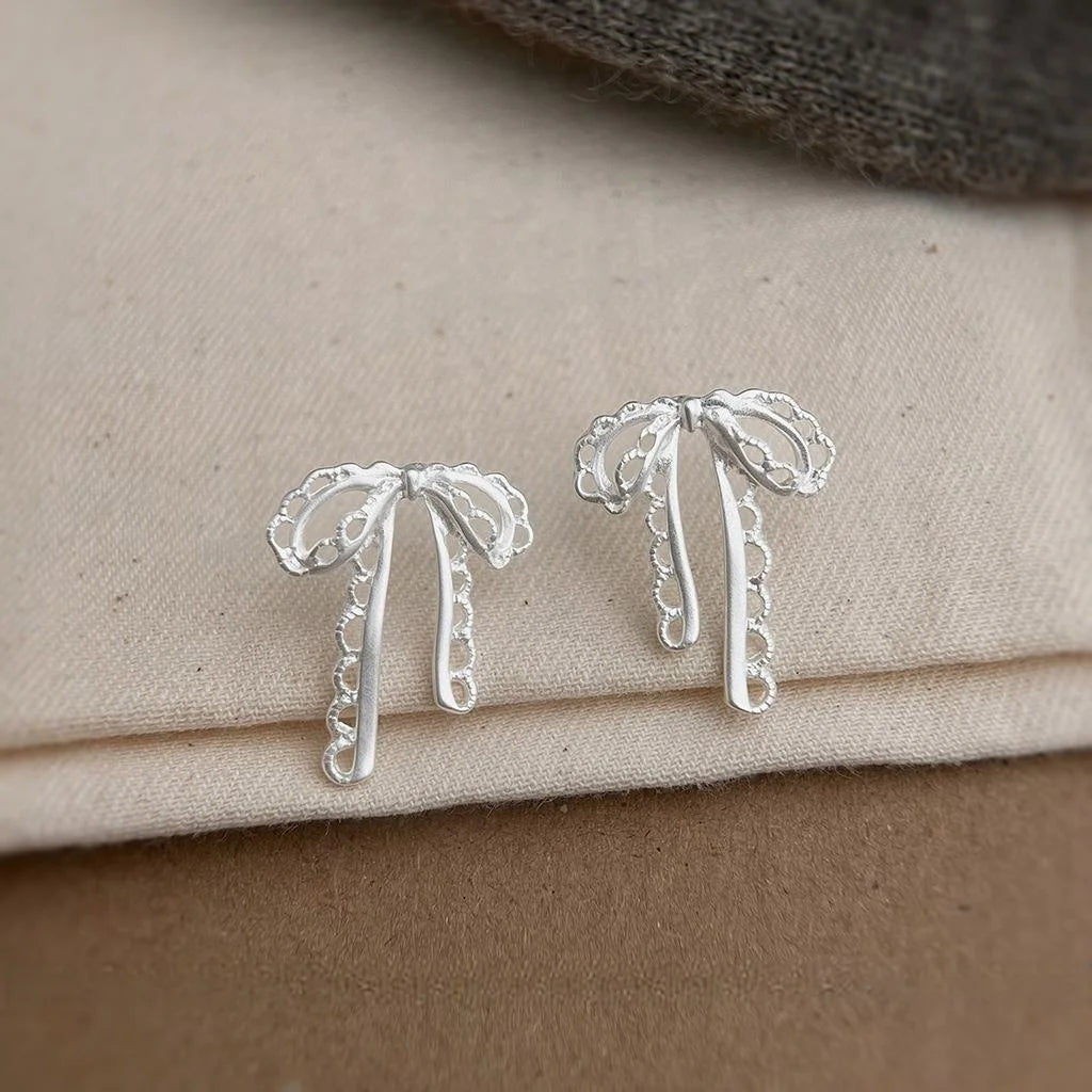 Sweet Lolita Lace Bow Copper Drop Earrings With Matte Silver Plated Pins
