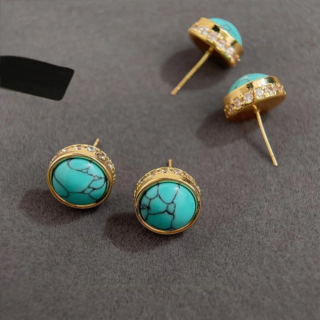 Vintage New Chinese Style Copper Synthetic Turquoise Zircon Round Stud Earrings