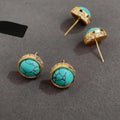 Vintage New Chinese Style Copper Synthetic Turquoise Zircon Round Stud Earrings
