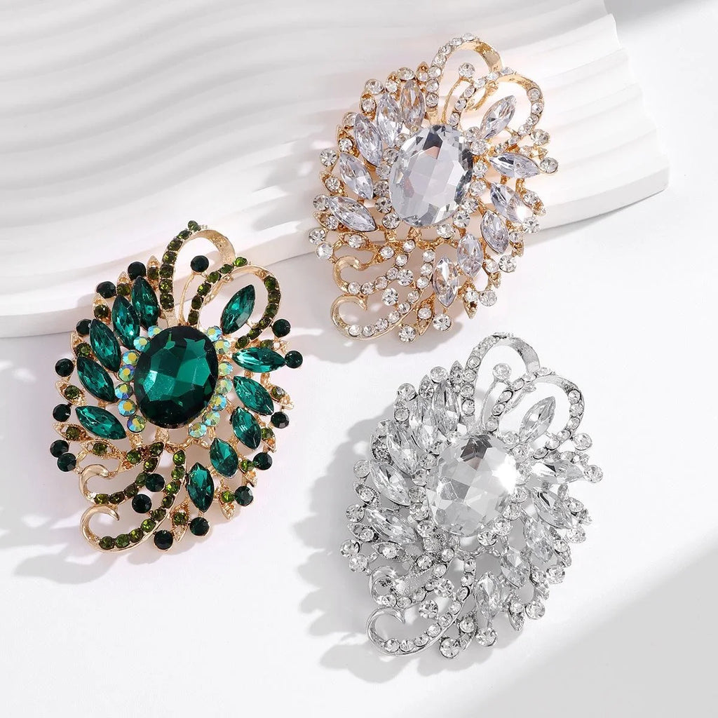 Elegant Green Crystal Flower Brooch Alloy Rhinestone Glass Lapel Pin Corsage For Women's Suit Accessory Gift