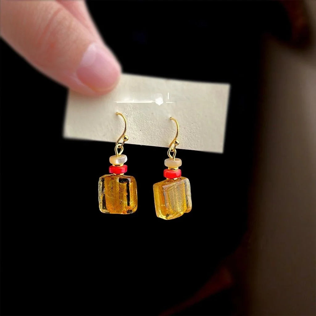 Handmade Vintage Chinese Style Copper Shell Glass Glaze Geometric Square Drop Earrings