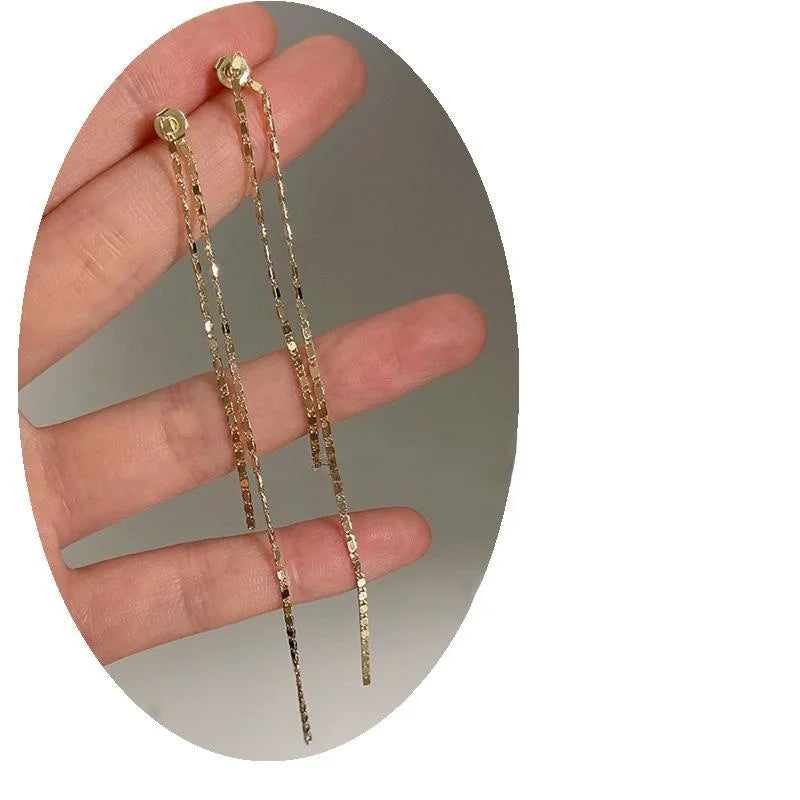 14K Gold Plated Copper Geometric Chain Tassel Drop Earrings For Women Korean Versatile Style