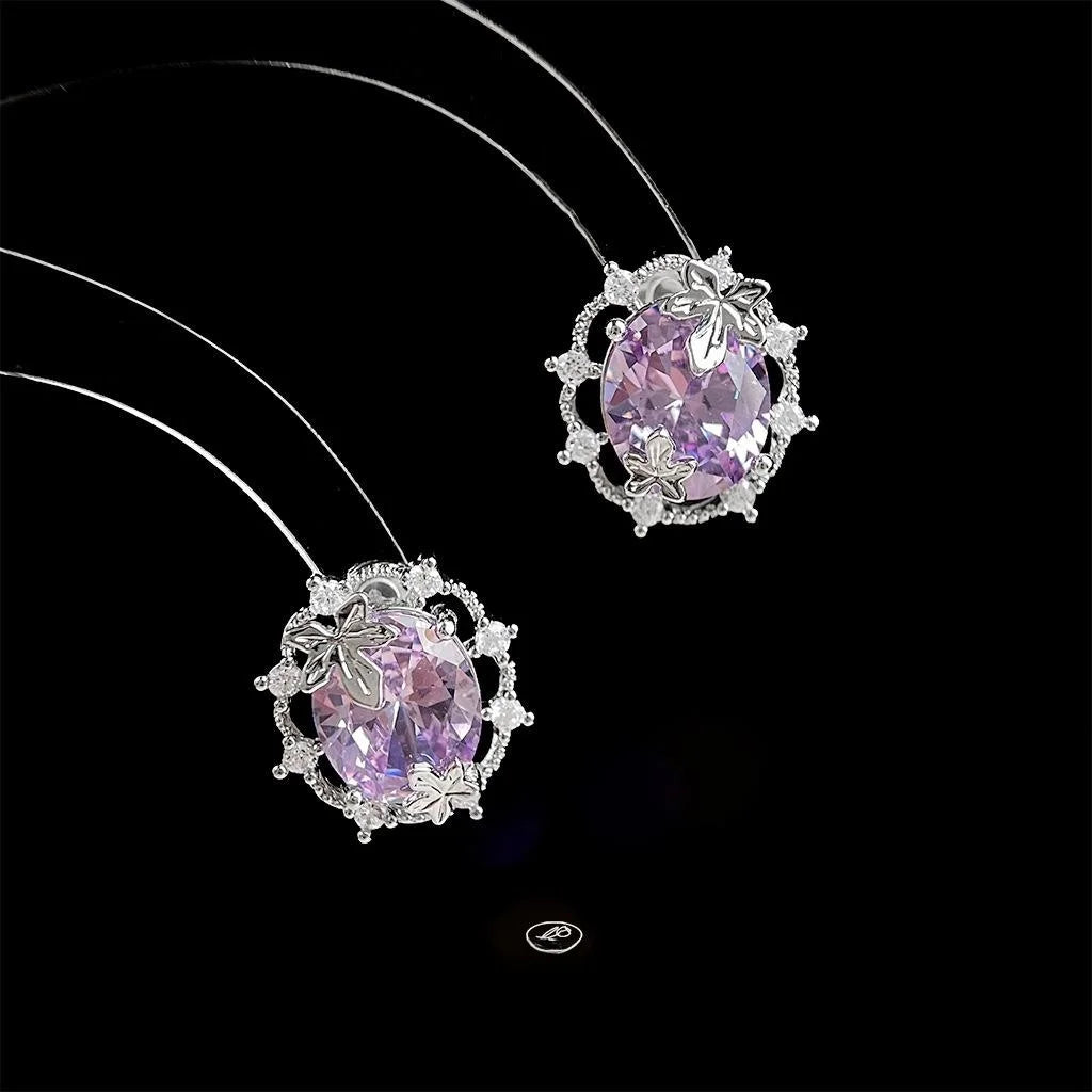 Light Luxury Purple Zircon Geometric Leaf Copper Stud Earrings