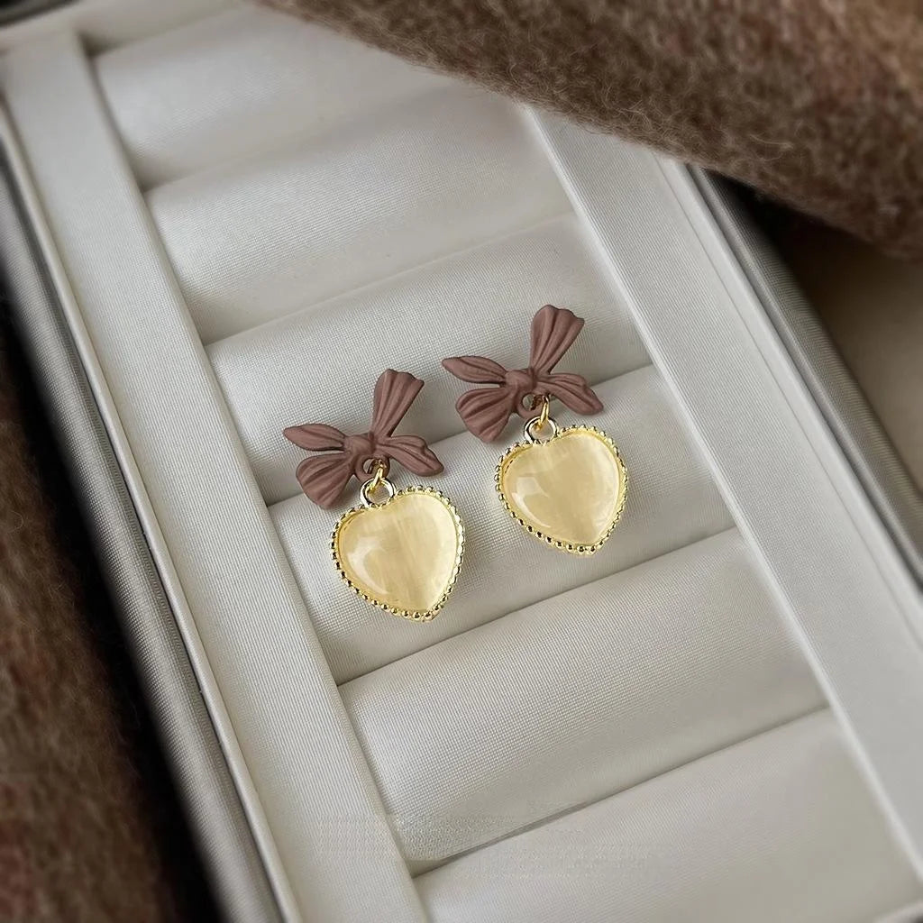 Vintage Artistic Lacquered Glass Cat Eye Stone Heart Bow Drop Earrings