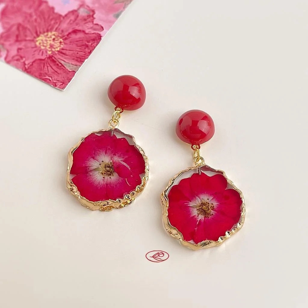 Natural Dried Flower Petal Drop Earrings Sweet Vacation Style Floral Statement Jewelry